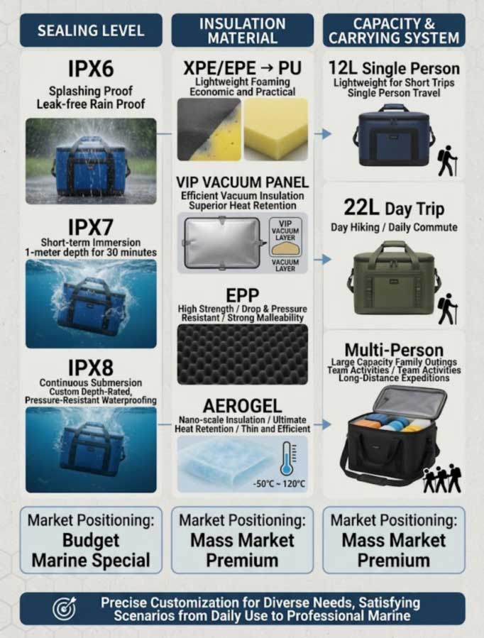 custom cooler backpack spec levers for outdoor brands: IPX seal, insulation tier, capacity and harness