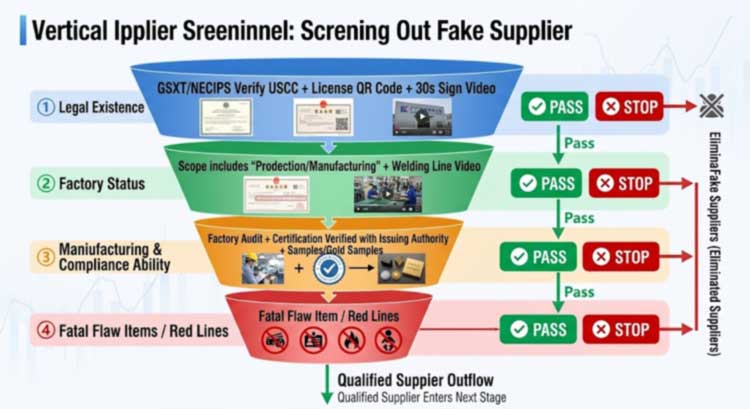 four-step supplier due-diligence funnel: legal existence, factory identity, capability and compliance, deal-breakers